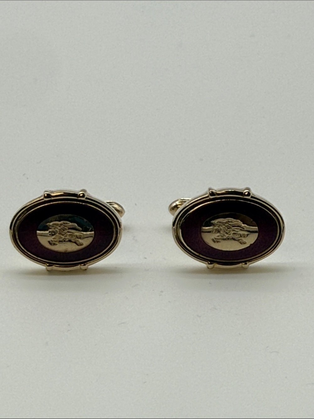 Burberry Vintage Equestrian Knight Cufflinks Gold Tone Purple Enamel Oval